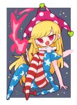  1girl american_flag_dress american_flag_pants bangs blonde_hair blush blush_stickers border breasts clownpiece commentary_request dress eyebrows_visible_through_hair fairy_wings fire grey_background hand_up hat highres holding holding_torch jester_cap long_hair medium_breasts neck_ruff no_shoes op_na_yarou pants pink_eyes pink_headwear polka_dot short_sleeves sidelocks simple_background sitting solo star_(symbol) star_print striped striped_dress striped_pants torch touhou white_border wings 