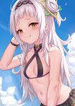  1girl bangs bare_shoulders blush bra breasts eyebrows_visible_through_hair hair_ornament highres hololive jewelry licking long_hair looking_at_viewer midriff murasaki_shion narrow_waist necklace shimokirin smile solo summer underwear virtual_youtuber wet white_hair yellow_eyes 