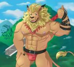  abs anthro armpit_hair bandai_namco blonde_hair body_hair bulge clothing digimon digimon_(species) felid hair happy_trail havick_(artist) leomon lion male mammal mane melee_weapon muscular muscular_anthro muscular_male nipples pantherine pecs solo sword thong underwear weapon 