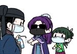  1girl 2boys bangs black_hair blunt_bangs bun_cover chibi chinese_clothes coat coronavirus_pandemic covered_mouth facing_another feet_out_of_frame freckles gaoshun_(kusuriya_no_hitorigoto) green_hair hair_bun hair_ribbon hanfu hat holding jinshi_(kusuriya_no_hitorigoto) kusuriya_no_hitorigoto long_hair long_sleeves looking_at_another maomao_(kusuriya_no_hitorigoto) mask mouth_mask multiple_boys nekokurage_(gen&#039;eikai_tsuushin) outstretched_arms purple_hair ribbon robe sash sidelocks simple_background skirt sleeves_rolled_up soap_bottle solid_oval_eyes sunglasses twintails washing_hands white_background wide_sleeves 