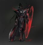  1boy alternate_costume belt black_hair boots clothing_request collarbone draven gradient gradient_background grey_background highres holding holding_weapon league_of_legends looking_at_viewer male_focus pants pointy_ears red_belt smile solo weapon wutu_(1183238220) 