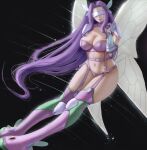  1girl bangs bikini black_background boots breasts butterfly_hair_ornament butterfly_wings cleavage closed_mouth commentary covered_eyes digimon digimon_(creature) elbow_gloves facial_mark fairymon floating_hair full_body garter_straps gloves groin hair_ornament hand_up highres large_breasts long_hair navel parted_bangs purple_belt purple_bikini purple_footwear purple_gloves purple_hair revealing_clothes shoulder_pads signature simple_background skindentation solo stomach swimsuit thigh_boots thighhighs visor wei_(promise_0820) white_gloves wings 