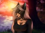  anthro blonde_hair breasts canid canine canis female gift hair hi_res hyaenid hybrid mammal solo spots stervyak the_house_of_fluffy_paws(artist) wolf 