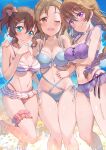  3girls :&gt; ass_visible_through_thighs barefoot beach belly bikini blue_eyes blue_sky blue_swimsuit blush bow braid breast_hold breasts brown_eyes brown_hair character_request collarbone eyelashes frilled_bikini frills groin hair_between_eyes hair_bow hair_ornament hairclip hand_on_another&#039;s_shoulder kitahara_tomoe_(kitahara_koubou) konoe_haruka konoe_kanata konoe_kanata/haruka&#039;s_mother large_breasts leg_up legs light_brown_hair long_hair looking_at_viewer love_live! love_live!_nijigasaki_high_school_idol_club medium_breasts medium_hair mother_and_daughter multiple_girls navel ocean one_eye_closed open_mouth outdoors purple_bikini purple_eyes red_swimsuit sky smile sparkle stomach string_bikini striped striped_bikini swimsuit swimsuit_skirt thigh_strap thighs tongue tongue_out twintails twitter_username wet 