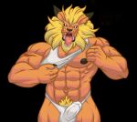  abs bandai_namco blonde_hair blue_eyes bodily_fluids bulge clothing digimon digimon_(species) drooling ear_piercing genital_outline genitals hair hi_res kenailykos leomon looking_at_viewer male mane muscular navel nipples pecs penis penis_outline piercing pubes saliva shirt solo tank_top tongue tongue_out topwear underwear 