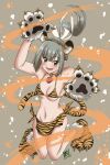  1girl animal_ears animal_hands animal_print bikini bikini_top_only breasts brown_eyes fake_animal_ears fake_tail gloves green_hair hair_ribbon hairband highres kantai_collection kenroba_(stark_chen) loincloth navel paw_gloves paw_shoes ponytail print_bikini print_hairband print_loincloth ribbon small_breasts solo swimsuit tail tiger_ears tiger_print tiger_tail white_ribbon yuubari_(kancolle) yuubari_kai_ni_(kancolle) 