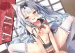  1boy 1girl animal_ear_fluff areolae azur_lane bangs bar_censor black_bow blurry blurry_background blush bow breasts censored cross-section cum cum_on_body cum_on_breasts eyebrows_visible_through_hair facial hair_bow highres large_breasts long_hair looking_at_viewer madotsukumo motion_blur navel nipples open_mouth oppai_loli penis pov red_eyes silver_hair smile solo_focus squatting_cowgirl_position sweat thighhighs vaginal white_legwear yukikaze_(azur_lane) 