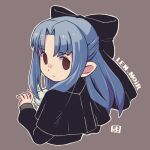  1girl bangs black_bow black_capelet black_shirt blue_hair bow brown_eyes capelet character_name commentary cropped_torso empty_eyes english_commentary eyebrows_visible_through_hair from_behind grey_background hair_bow len_(tsukihime) long_hair long_sleeves looking_at_viewer looking_back mawaru_(mawaru) parted_bangs puffy_long_sleeves puffy_sleeves shirt simple_background solo tsukihime upper_body 