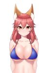  1girl absurdres animal_ear_fluff animal_ears bikini blue_bikini blush breasts cleavage collarbone eyebrows_visible_through_hair fate/grand_order fate_(series) fox_ears fox_girl highres large_breasts long_hair looking_at_viewer pink_hair side-tie_bikini simple_background solo swimsuit tamamo_(fate) tamamo_no_mae_(swimsuit_lancer)_(fate) wasun96 white_background 