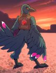  absurd_res anthro avian bird bottomless carbon_fiber clothed clothing corvid corvus_(genus) crow desert eye_scar facial_scar female hi_res oscine passerine prosthetic prosthetic_beak rick_griffin scar solo sunset topwear topwear_only vest vest_only 