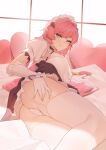  1girl absurdres ass bangs bed_sheet blue_eyes blurry blush breasts choker darling0221 deep_skin depth_of_field detached_sleeves dress elysia_(honkai_impact) feet_out_of_frame frills garter_straps gloves hair_ornament hairclip hand_on_own_thigh heart heart_pillow highres honkai_(series) honkai_impact_3rd long_hair looking_at_viewer lying maid_headdress on_bed on_side panties partially_visible_vulva pillow pink_hair pointy_ears puffy_short_sleeves puffy_sleeves short_dress short_sleeves skindentation smile solo thighhighs underwear upskirt very_long_hair white_gloves white_panties window 
