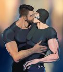  areyouhun_(sleeplazycat) arm_hair artist_name balaclava bara black_hair black_pants black_shirt blue_pants call_of_duty call_of_duty:_modern_warfare_2 closed_eyes couple facial_hair ghost_(modern_warfare_2) highres john_mactavish kiss large_pectorals mask_lift muscular muscular_male pants pectorals roach_(modern_warfare_2) shirt short_hair soap_(modern_warfare_2) undercut 