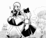  1980s_(style) 2girls apron ascot bad_id bad_twitter_id blush bow closed_mouth commentary_request dress frilled_dress frills gengetsu_(touhou) greyscale hair_bow happy holding holding_clothes holding_skirt maid mary_janes monochrome mugetsu_(touhou) multiple_girls retro_artstyle shoes short_hair sketch skirt smile socks sweatdrop takemoto_izumi_(style) touhou touhou_(pc-98) vest yatyou 