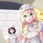  2girls aether_foundation_employee aether_foundation_employee_(cosplay) aether_foundation_uniform bangs black_eyes black_hair blonde_hair blunt_bangs braid cabbie_hat cosplay green_eyes hat highres hospital ii_desu_ka_ochitsuite_kiite_kudasai_(meme) infirmary jumpsuit lillie_(pokemon) long_hair looking_at_viewer meme metal_gear_(series) metal_gear_solid_v mizuumi_(bb) multiple_girls parody pokemon pokemon_(game) pokemon_sm pouch scene_reference selene_(pokemon) short_hair sleeves_folded_up smile swept_bangs twin_braids white_headwear white_jumpsuit 