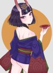  1girl ass back bangs bare_shoulders bob_cut breasts cup eyeliner fate/grand_order fate_(series) headpiece highres horns japanese_clothes kimono long_sleeves looking_at_viewer makeup off_shoulder oni oni_horns purple_eyes purple_hair purple_kimono revealing_clothes sakazuki short_hair shuten_douji_(fate) skin-covered_horns small_breasts solo ten_kogane wide_sleeves 