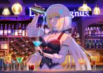  1girl alcohol bare_shoulders bartender black_gloves black_vest blonde_hair blue_eyes blurry blurry_background blush breasts ceiling_light cleavage_cutout clothing_cutout cocktail_glass copyright_request cup decantering depth_of_field detached_sleeves drinking_glass fingerless_gloves fingernails gloves grin hair_ornament highres holding large_breasts long_hair looking_at_viewer low_twintails multicolored_hair nail_polish smile solo twintails two-tone_hair vest white_hair yellow_nails zhen_lu 