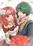 1boy 1girl :d alm_(fire_emblem) armlet bangs bare_shoulders black_jacket blue_flower breasts celica_(fire_emblem) cleavage dress eyebrows_visible_through_hair fire_emblem fire_emblem_echoes:_shadows_of_valentia fire_emblem_heroes flower gonzarez green_eyes green_hair head_wreath headband highres jacket long_hair looking_at_viewer medium_breasts off-shoulder_dress off_shoulder official_alternate_costume open_mouth pink_flower red_eyes red_flower red_hair red_rose rose smile upper_body white_background white_dress yellow_flower 
