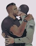  2boys areyouhun_(sleeplazycat) arm_hair artist_name balaclava bara black_hair black_shirt call_of_duty call_of_duty:_modern_warfare_2 closed_eyes couple facial_hair ghost_(modern_warfare_2) grey_shirt highres john_mactavish kiss male_focus mask_lift multiple_boys muscular muscular_male roach_(modern_warfare_2) shirt short_hair soap_(modern_warfare_2) undercut upper_body watch wristwatch yaoi 