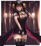  1girl bangs bare_shoulders black_dress black_gloves black_hair black_legwear blood blood_on_face border breasts cleavage dress earrings gloves gold_earrings gold_hairband highres holding jewelry large_breasts long_hair looking_at_viewer red_eyes rose_hair_ornament short_dress spy_x_family standing thighhighs thighs vitaminechan white_border yor_briar 