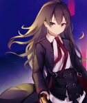  1girl black_jacket brown_hair collared_shirt girls&#039;_frontline gun handgun highres holding holding_gun holding_weapon jacket long_hair long_sleeves multicolored_background necktie nz75_(girls&#039;_frontline) nz_75 pistol red_necktie shirt solo_focus tokoroden weapon white_shirt yellow_eyes 