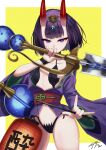  1girl bangs bare_shoulders bob_cut breasts collarbone eyeliner fate/grand_order fate_(series) headpiece highres horns izanaware_game japanese_clothes kimono long_sleeves looking_at_viewer makeup oni oni_horns purple_eyes purple_hair purple_kimono revealing_clothes short_hair shuten_douji_(fate) skin-covered_horns small_breasts solo wide_sleeves 