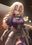  1girl absurdres aomaru_(shta-chu-jisuiai) armor armored_dress bangs blonde_hair blue_eyes blush braid braided_ponytail breasts capelet chain collar dress fate/apocrypha fate_(series) faulds gauntlets headpiece highres jeanne_d&#039;arc_(fate) jeanne_d&#039;arc_(ruler)_(fate) large_breasts long_hair looking_at_viewer metal_collar plackart purple_capelet purple_dress solo thighhighs thighs very_long_hair 