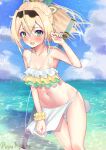  1girl alternate_costume beach bikini blonde_hair bow breasts cleavage collarbone dutch_angle frilled_bikini frills green_eyes hair_bow highres hololive katana kazama_iroha long_hair navel ponytail pupu_ayaba scabbard scrunchie sheath sheathed solo swimsuit sword virtual_youtuber water weapon wrist_scrunchie 