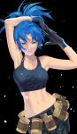  1girl ammunition_belt armpits arms_behind_head bangs bare_shoulders belt black_background black_gloves black_tank_top blue_eyes blue_hair cofffee earrings gloves jewelry leona_heidern looking_at_viewer midriff military navel pants ponytail simple_background solo tank_top the_king_of_fighters the_king_of_fighters_xiii triangle_earrings 