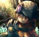  1boy blurry brown_eyes brown_hair dark-skinned_male dark_skin depth_of_field facial_mark forest helmet looking_at_hand made_in_abyss male_focus maou_(maou62) mechanical_arms nature outdoors regu_(made_in_abyss) single_mechanical_arm solo 