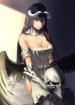 1girl ahoge ainz_ooal_gown albedo_(overlord) bed_sheet black_hair black_wings breasts cleavage closed_mouth detached_collar dress elbow_gloves feathered_wings gloves highres hip_vent horns large_breasts long_hair looking_down overlord_(maruyama) rausu_(undeadmachine) shiny shiny_hair sitting skull sleeveless sleeveless_dress slit_pupils smile solo very_long_hair white_dress white_gloves wings yellow_eyes 