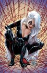  1girl 2019 black_bodysuit black_cat_(marvel) black_choker black_collar blue_eyes bodysuit breasts choker cleavage collaboration collar collarbone comic_cover derivative_work domino_mask eyelashes eyeshadow felicia_hardy fur_trim half-closed_eyes highres holding j._scott_campbell large_breasts lips lipstick long_hair makeup marvel marvel_comics mascara mask nose official_art pink_lips red_lips sabine_rich signature silk silver_hair simple_background smile solo spider-man_(series) spider_web squatting thighs white_hair yarn 