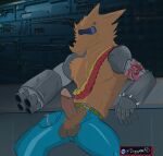  anthro balls biped brown_body brown_fur canid canine canis circumcised cybernetics cyborg erection fur genitals gun_arm hi_res humanoid_genitalia humanoid_penis machine male mammal maverickk_(artist) penis solo visor were werecanid werecanine werewolf wolf 