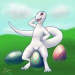  1:1 2022 4_toes 5_fingers absurd_res albino arm_markings big_tail blue_sky blush bodily_fluids chest_markings cleft_of_venus clitoris cloud crotch_lines crusch_lulu cute_fangs dated day digital_drawing_(artwork) digital_media_(artwork) digitigrade easter easter_egg egg eyelashes featureless_chest feet female fingers flat_chested front_view genital_fluids genitals grass hand_on_hip hi_res holidays leg_markings lizard lizardman_(overlord) long_tail looking_at_viewer markings membrane_(anatomy) neck_markings nude open_mouth open_smile outside overlord_(series) pink_clitoris pink_markings pink_tongue plant pupils pussy pussy_juice raised_arm red_eyes reptile scales scalie signature sitting sky slit_pupils smile smiling_at_viewer snout solo spe straddling tail_markings thick_tail thick_thighs thigh_markings toes tongue tribal tribal_markings webbed_feet white_body white_scales 