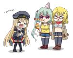  &gt;_&lt; 3girls arm_around_shoulder as_val_(girls&#039;_frontline) bikini black_legwear blonde_hair bow breasts camisole chibi commentary crying english_text eyebrows_visible_through_hair girls&#039;_frontline hair_bow hair_ornament hairclip hat instrument karaoke korean_commentary large_breasts long_hair lyrics maracas micro_uzi_(dorky_sleepyhead)_(girls&#039;_frontline) micro_uzi_(girls&#039;_frontline) microphone multiple_girls music navel official_alternate_costume open_mouth party_hat party_horn short_hair sidarim simple_background singing skirt standing star-shaped_eyewear stg44_(girls&#039;_frontline) striped striped_bikini swimsuit t_t triangle_mouth white_background yellow_camisole 