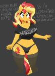  anthro anthrofied black_eyeliner blonde_hair blue_eyes breasts cleavage clothed clothing cutie_mark dialogue english_text equestria_girls equid equine eyeliner flutterthrash grey_background hair hasbro hi_res horn legwear makeup mammal multicolored_hair my_little_pony panties red_hair simple_background stockings sunset_shimmer_(eg) text two_tone_hair underwear unicorn 