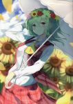  1girl absurdres ascot bangs blue_sky blurry blurry_background blush breasts cloud collared_shirt cowboy_shot day flower flower_wreath garden_of_the_sun green_hair hair_between_eyes hand_in_own_hair head_wreath highres holding holding_umbrella igayan kazami_yuuka light long_sleeves looking_at_viewer medium_breasts open_clothes open_vest parasol petals plaid plaid_skirt plaid_vest red_eyes red_skirt red_vest scan shiny shiny_hair shirt short_hair skirt skirt_set sky slit_pupils smile solo sunflower touhou umbrella vest wind wreath 