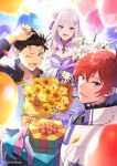  1girl 2boys ;d absurdres arm_up bangs black_hair blue_eyes bouquet box breasts brown_eyes character_request cleavage commentary_request emilia_(re:zero) eyebrows_visible_through_hair flower gift gift_box highres kumuo_(mirakurufusao) long_hair lower_teeth multiple_boys natsuki_subaru one_eye_closed open_mouth re:zero_kara_hajimeru_isekai_seikatsu red_hair ribbon short_hair smile teeth tongue yellow_flower 