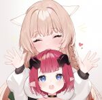  2girls alpaca_ears alpaca_girl animal_ears bangs blue_eyes braid choker highres horns hoshi_usagi indie_virtual_youtuber long_hair long_sleeves multiple_girls nakamiya_rie open_mouth pointy_ears puffy_long_sleeves puffy_sleeves red_hair sophiel_paka 