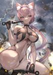  1girl animal_ears black_gloves bodysuit breasts cat_ears cat_girl dagger fingerless_gloves fishnet_bodysuit fishnets gloves highres hitowa knife large_breasts licking licking_lips navel ninja original pink_eyes pink_hair revealing_clothes solo squatting thighs tongue tongue_out weapon 
