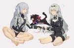  2girls absurdres ak-12_(girls&#039;_frontline) an-94_(girls&#039;_frontline) aqua_eyes bangs bbsinday black_hairband black_panties blush braid breasts cat closed_eyes cup eyebrows_visible_through_hair french_braid full_body girls&#039;_frontline gloves grey_hair hairband highres holding holding_cup large_breasts long_hair long_sleeves looking_at_another multiple_girls open_mouth panties sidelocks silver_hair smile squatting teeth underwear upper_teeth 