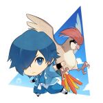  1boy bird black_wristband blue_eyes blue_hair blue_jacket blue_kimono chibi closed_mouth commentary_request falkner_(pokemon) hair_over_one_eye hakama hakama_pants jacket japanese_clothes kimono kneehighs looking_at_viewer male_focus open_clothes open_jacket outstretched_arms pants pidgeotto pokemon pokemon_(creature) pokemon_(game) pokemon_hgss punico_(punico_poke) sash shoes short_hair short_sleeves twitter_username watermark white_legwear wristband 