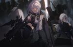  3boys 3girls absurdres ak-12_(girls&#039;_frontline) ak-15_(girls&#039;_frontline) bangs bare_shoulders bbsinday black_footwear black_legwear braid breasts closed_eyes closed_mouth commentary_request eyebrows_visible_through_hair girls&#039;_frontline gun highres holding holding_gun holding_weapon jacket large_breasts long_hair long_sleeves looking_at_viewer machine_gun multiple_boys multiple_girls purple_eyes rpk-16 rpk-16_(girls&#039;_frontline) short_hair sidelocks silver_hair smile squatting tactical_clothes weapon 