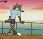  2018 anthro artist_name bottomwear brown_body brown_eyes brown_fur canid canine canis clothing detailed_background digital_media_(artwork) doritohead feet fingers flip_flops footwear fur hi_res hotel_transylvania looking_at_viewer looking_back male mammal mature_anthro mature_male multicolored_body multicolored_fur outside pawpads sandals sea shorts signature smile solo standing sunset tan_body tan_fur toes two_tone_body two_tone_fur water wayne_werewolf were werecanid werecanine werewolf wolf 