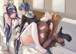  2girls arms_up ass august_von_parseval_(azur_lane) august_von_parseval_(the_conquered_unhulde)_(azur_lane) azur_lane black_legwear blue_hair breasts clothing_cutout cross-laced_dress curled_horns full_body hair_over_one_eye high_heels highres horns indoors large_breasts long_hair looking_at_viewer luoloo marco_polo_(azur_lane) marco_polo_(the_queen_of_hearts)_(azur_lane) mechanical_horns medium_breasts multiple_girls no_shoes official_alternate_costume one_eye_covered pantyhose platform_boots purple_eyes purple_hair red_eyes shoes single_shoe soles thighhighs toes torn_clothes torn_legwear underboob_cutout very_long_hair white_garter_straps white_legwear yuri 