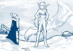  2022 abs ambiguous_gender anthro athletic athletic_female basitin blue_and_white breasts casual_nudity chest_tuft clothed clothing conditional_dnp digitigrade duo featureless_crotch female fluffy hands_on_hips hi_res holding_object holding_spear holding_weapon king_adelaide larger_female mammal melee_weapon monochrome mountain navel nude outside polearm public public_nudity robe size_difference sketch smaller_ambiguous smile snow spear stare tom_fischbach tuft twokinds weapon webcomic winter 
