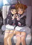  2girls black_shirt brown_hair cameltoe cardcaptor_sakura clamp_(circle)_(style) cleft_of_venus condom daidouji_tomoyo green_eyes heart heart_hands heart_hands_duo highres holding_hands kinomoto_sakura multiple_girls open_mouth panties panty_pull purple_eyes school_uniform shirt skirt smile tomoeda_elementary_school_uniform tooo underwear white_skirt 