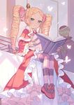  1girl beatrice_(re:zero) blonde_hair blue_eyes blush book bug butterfly capelet closed_mouth commentary_request crown dress drill_hair from_below fur-trimmed_capelet fur_trim hair_ribbon holding holding_book long_hair mini_crown neck_ribbon pantyhose parupin pink_ribbon re:zero_kara_hajimeru_isekai_seikatsu red_capelet red_dress ribbon shiny shiny_hair shoes sidelocks sitting smile striped striped_legwear symbol-shaped_pupils twin_drills twintails 