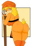  anthro bandicoot big_butt blonde_hair blue_eyes butt butt_focus clothing female fur hair hi_res laranxart leaning leaning_on_object loppybun magic_user mammal marsupial orange_body orange_clothing orange_fur shaman solo thick_thighs tribal_spellcaster 