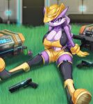  2022 anthro archie_comics big_breasts boots bottomwear breasts cleavage clothed clothing female fenrox footwear grass gun hat headgear headwear hi_res mammal mustela mustelid musteline nicolette_the_weasel plant plantigrade purple_body ranged_weapon science_fiction sega shorts sitting smile solo sonic_the_hedgehog_(archie) sonic_the_hedgehog_(comics) sonic_the_hedgehog_(series) spread_legs spreading true_musteline weapon 