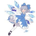  1girl ;d bangs black_footwear blue_bow blue_dress bow cirno dress eyebrows_visible_through_hair grey_hair hair_bow ice ice_wings looking_at_viewer one_eye_closed open_mouth pinafore_dress short_hair signature simple_background smile solo souta_(karasu_no_ouchi) teeth touhou upper_teeth white_background white_legwear wings 